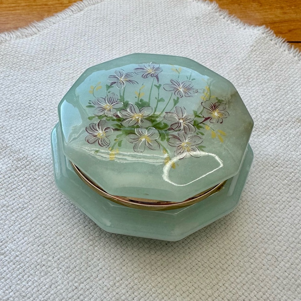 Genuine Alabaster Trinket Box/Dish Green-Blue with Purple Flowers Made in Italy